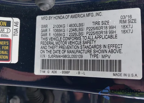 2016 Honda Cr-V Touring z USA, uszkodzony, nr VIN 5J6RM4H98GL055109